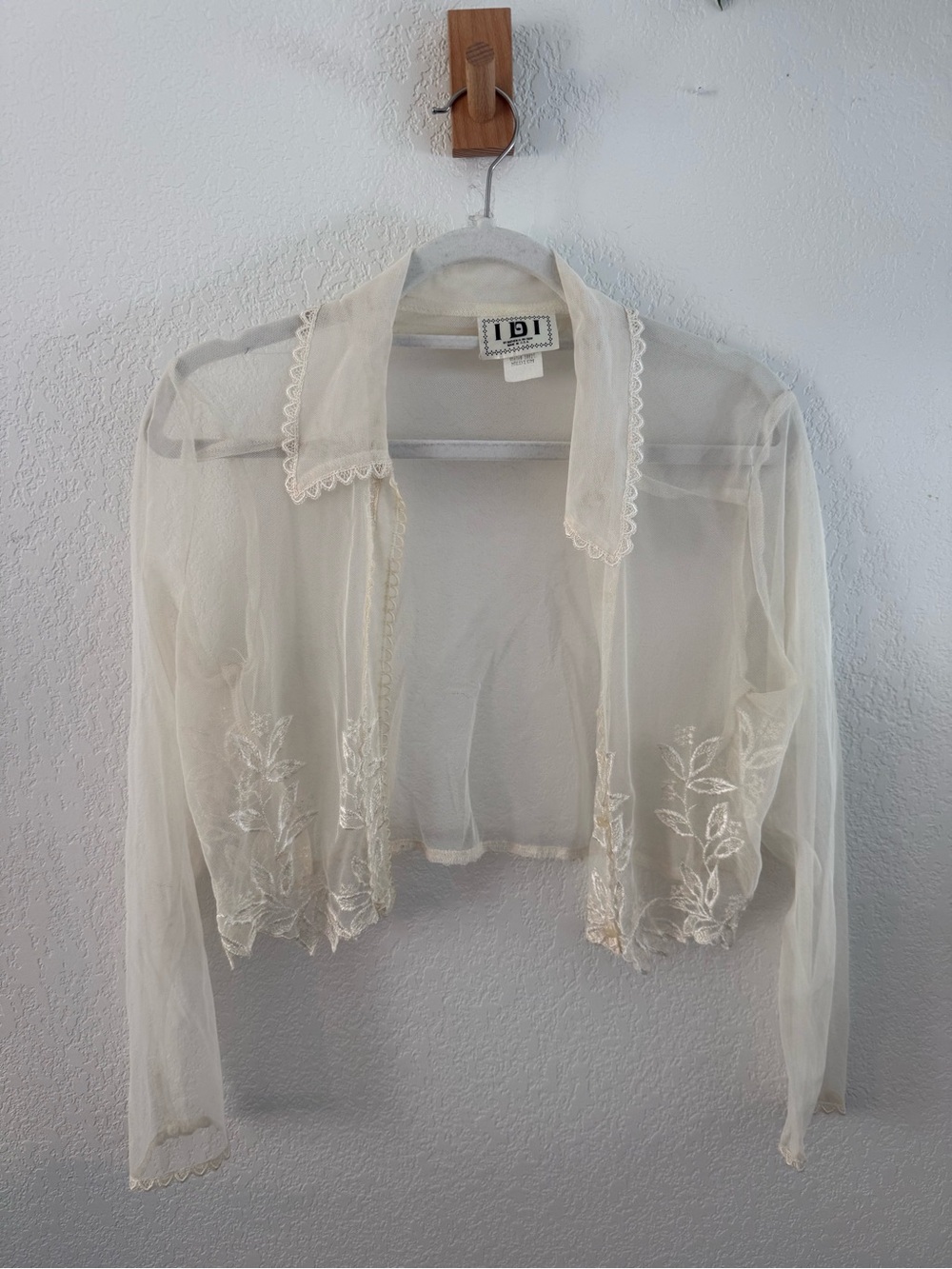 Sheer Embroidered Ivory Button-Down Crop Shirt